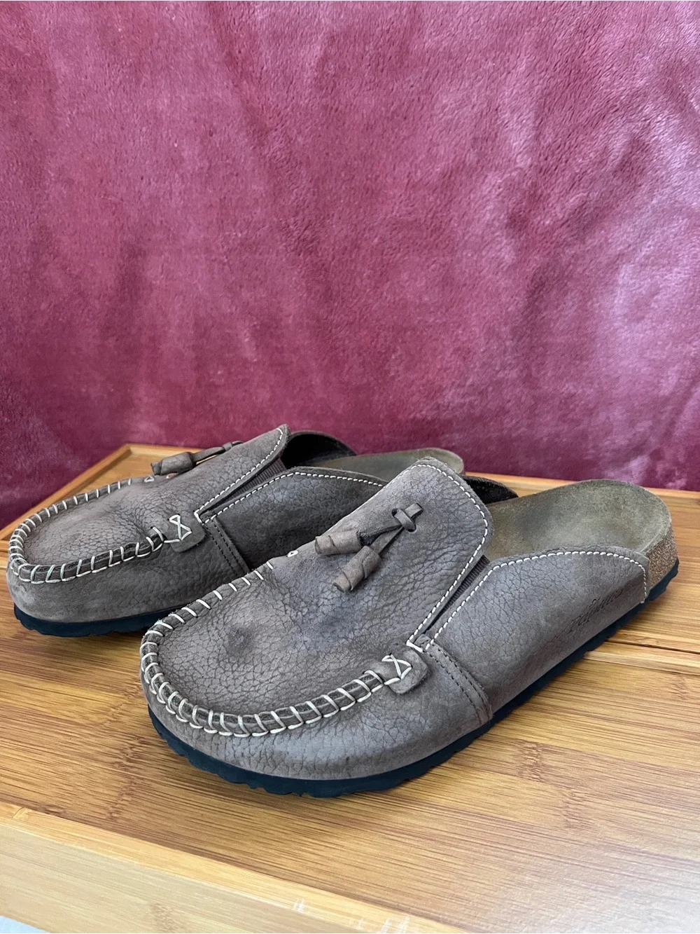 Papillio Birkenstock Leather Mule Clog Brown Tassle Whipstitch - Picture 6 of 10